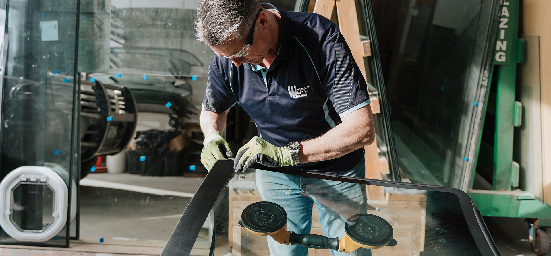 Preparing a windscreen in the workshop